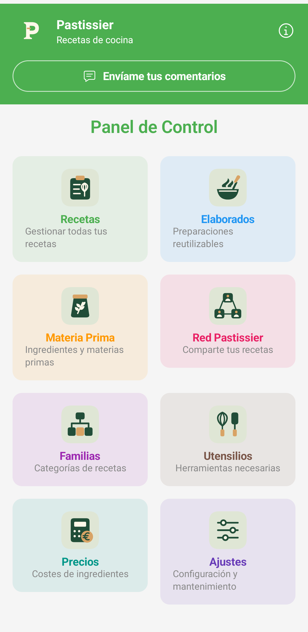 Panel de control de Pastissier con los accesos a Recetas, Elaborados, Materia Prima, Red Pastissier, Familias, Utensilios, Precios y Ajustes, cada uno con su icono.